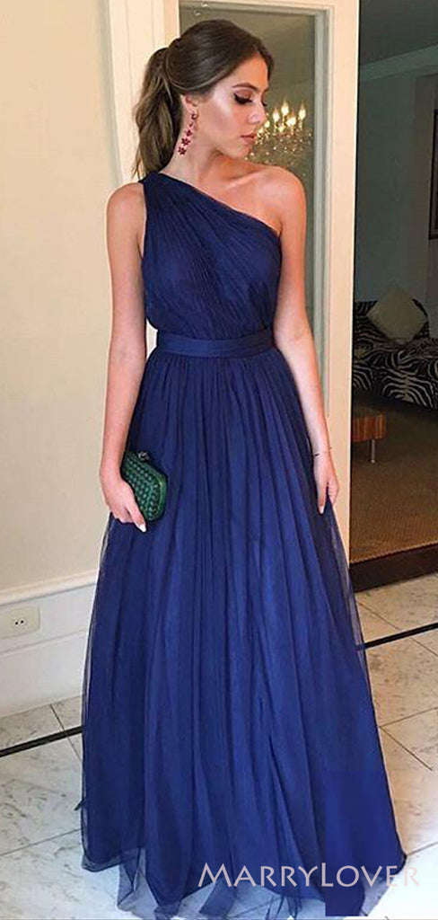 One Shoulder Navy Blue Tulle A-line Long Evening Prom Dresses, Custom Prom Dress, MR8660