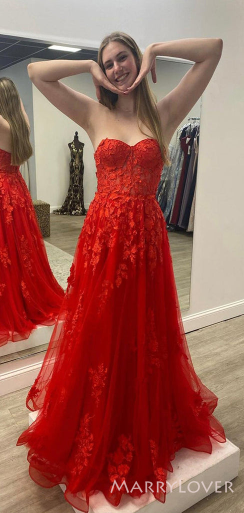 Red Tulle Appliques A-line Long Evening Prom Dresses, Custom Strapless Prom Dress, MR8670