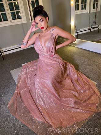 Deep V-neck A-line Rose Gold Tulle Sparkly Long Evening Prom Dresses, Custom Prom Dress, MR8691