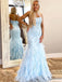 Mermaid Sky Blue Tulle Appliques Strapless Long Evening Prom Dresses, Custom Prom Dress, MR8695