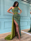 One Should Green Sequins Satin Mermaid Long Evening Prom Dresses, Custom Prom Dress, MR8697
