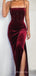 Formal Sapghetti Straps Burgundy Velvet Beaded Side Slit Long Evening Prom Dresses, Custom Mermaid Prom Dress, MR8711