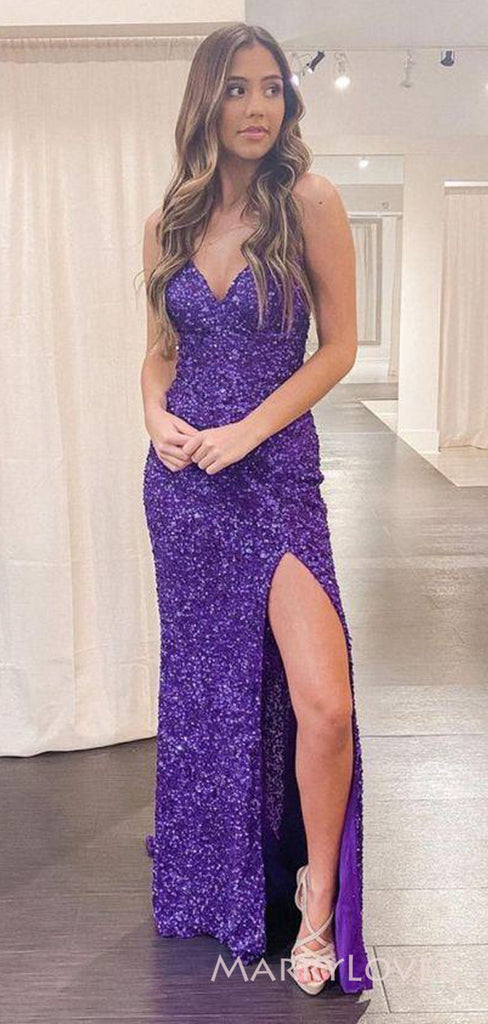 Floor-length Spaghetti Straps Mermaid Sequins Long side Slit Evening Prom Dresses, Custom prom Dress, MR8718