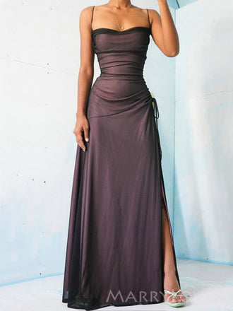 Gorgeous Tulle Purple Mermaid Side Slit Long Evening Prom Dresses, Custom Spaghett Straps prom Dress, MR8721