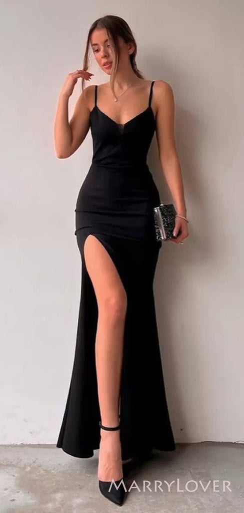 Simple Black Mermaid Spaghett Straps Long Side Slit Evening Prom Dresses, Custom prom Dress, MR8739