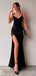 Simple Black Mermaid Spaghett Straps Long Side Slit Evening Prom Dresses, Custom prom Dress, MR8739