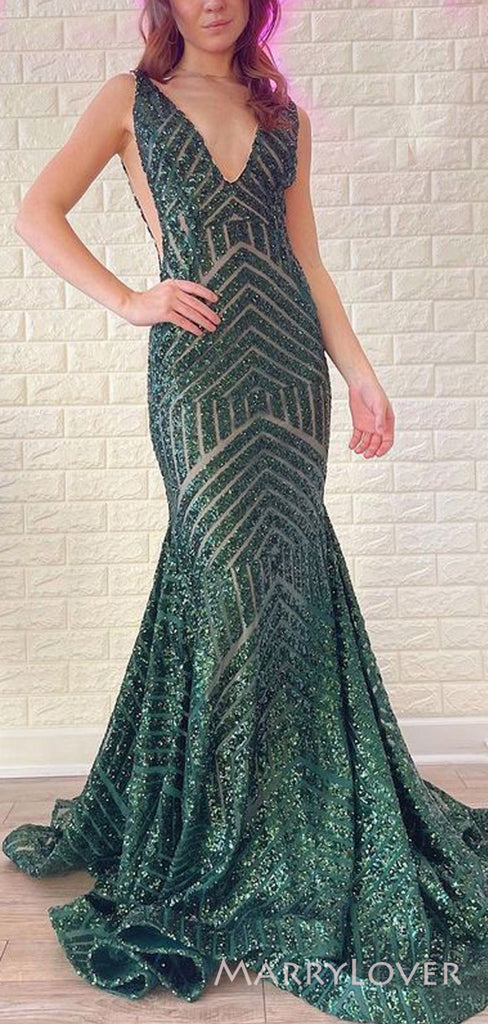 Gorgeous Mermaid V-neck Sequins Long Evening Prom Dresses, Custom Prom Dress, MR8772