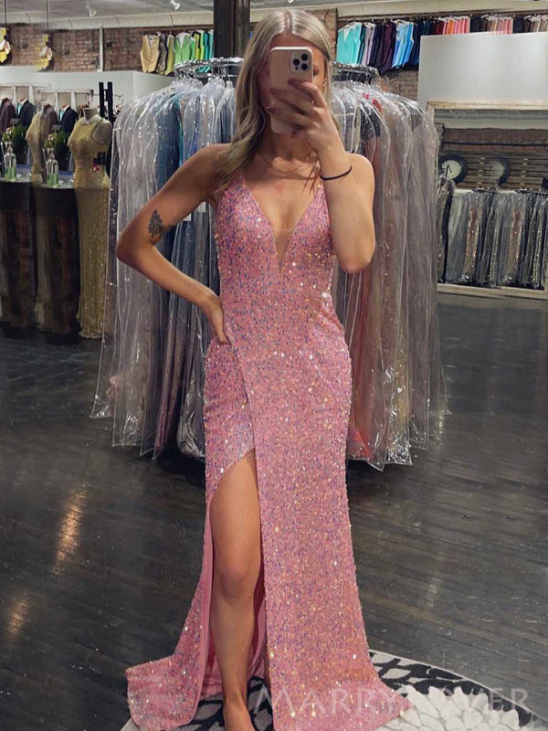 Deep V-neck Sequins Mermaid Spaghetti Straps Long Evening Prom Dresses, Custom Prom Dress, MR8776