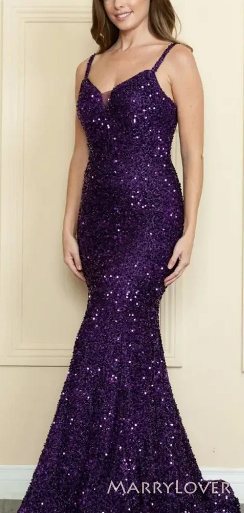 Mermaid Purple Sequins V-neck Long Evening Prom Dresses, Custom Prom Dress, MR8777
