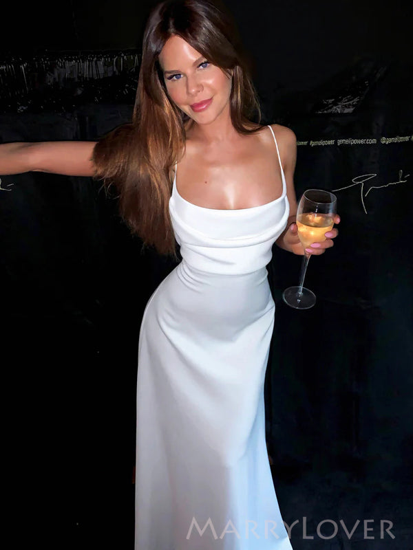 White Satin Spaghetti Straps Backless Long Evening Prom Dresses, Custom Prom Dress, MR8781