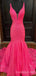 Elegant Deep V-neck Hot Pink Sequins Mermaid Long Evening Prom Dresses, Custom Sparkly Prom Dress, MR8783