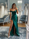 Off Shoulder Dark Green Satin High Slit Long Evening Prom Dresses, Custom Prom Dress, MR8788