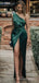 Dark Green Satin One Shoulder High Slit Long Evening Prom Dresses, Custom Prom Dress, MR8789