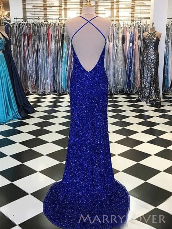 Simple Sequins Sparkly Long Spaghetti Straps Evening Prom Dresses, Custom V-neck Prom Dress, MR8804