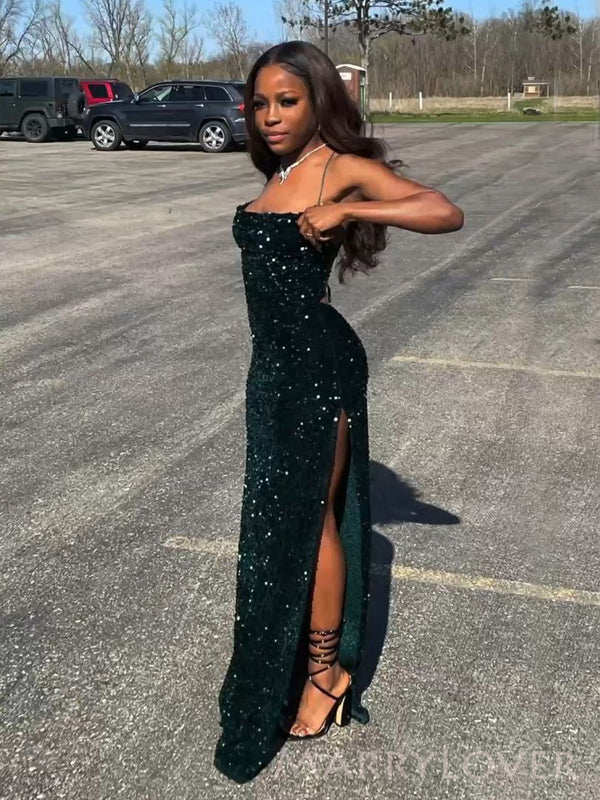 Popular Dark Green Sequins Long Spaghetti Straps Evening Prom Dresses, Custom Side Slit Prom Dress, MR8805