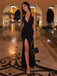 Deep V-neck Black Long Spaghetti Straps Evening Prom Dresses, Custom Side Slit Prom Dress, MR8806