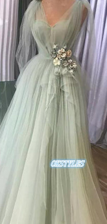 Elegant A-line Staghetti Straps V-neck Applique Long Prom Dresses, OL026