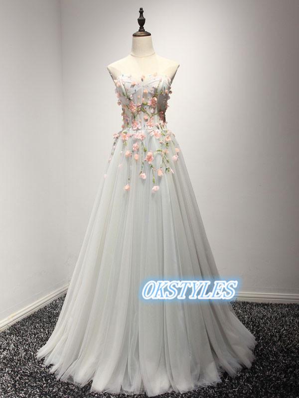 Elegant A-line Sleeveless Sweetheart With Applique Long Prom Dresses, OL030