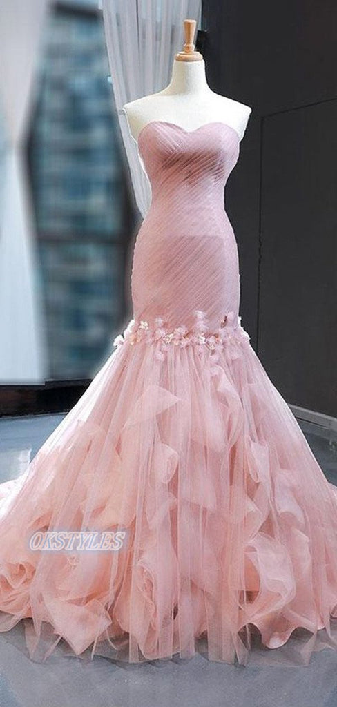 Mermaid Tulle Sweetheart Sleeveless With Applique Prom Dresses, OL044