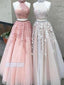 Two Pieces Halter Sleeveless Lace Applique Long Prom Dresses, OL050