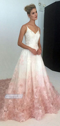 Beautiful A-line Lace Applique Spaghetti Straps With Train Long Prom Dresses, OL053