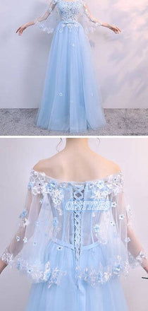 Elegant A-line Lace Applique Off-Shoulder Long Prom Dresses, OL065