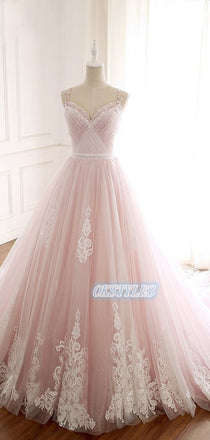 Elegant A-line Lace Applique Spaghetti-Straps Long Prom Dresses, OL066