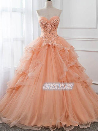 Beautiful Ball-Gown Sweetheart Lace Applique Long Prom Dresses, OL067
