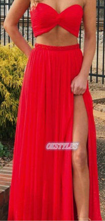 Sexy Two-Pieces Sweetheart Sleeveless High Side-Slit Long Prom Dresses, OL069