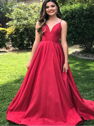 A-line V-neck Simple Red Evening Dresses, Long Prom Dresses, PD0160