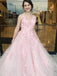 Round Neck V-neck Pink Appliques Open-Back Long tulle Prom Dresses, PD0539