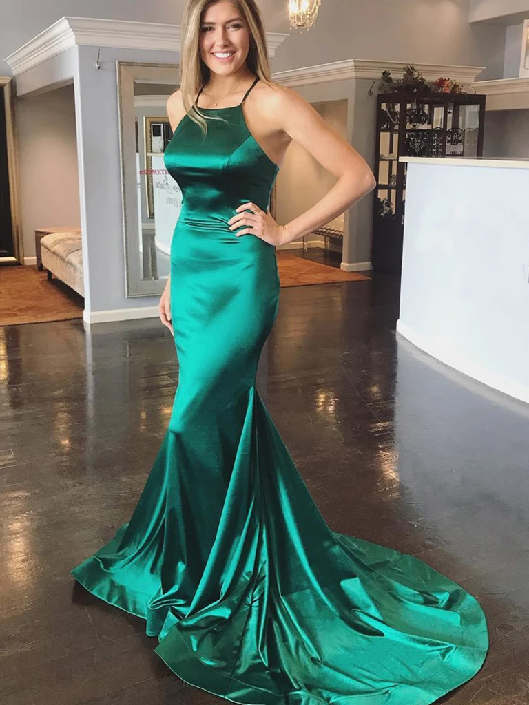 Mermaid Halter Sleeveless Lace-up Back Long Green Prom Dresses, PD0556