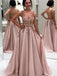 A-line V-neck Beading And Appliques Long Tulle Prom Dresses, PD0563