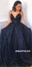 A-line Spaghetti Straps V-neck Lace Appliques Long Prom Dresses, PD0611