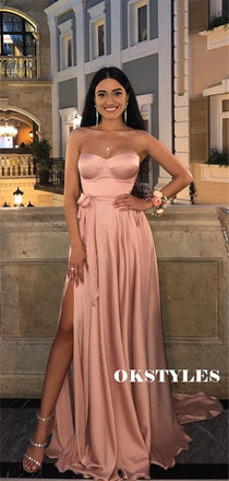 A-line Strapless Sweetheart Long Prom Dresses With Split, PD0612