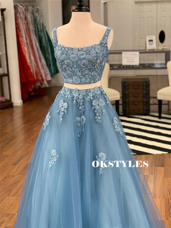 Two-pieces A-line Sleeveless Appliques Long Tulle Prom Dresses, PD0613