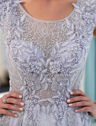 A-line Round Neck Cap-sleeves Appliques Sparkly Prom Dresses, PD0618