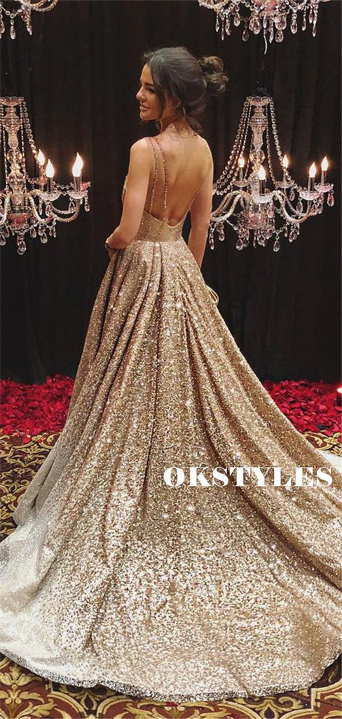 A-line Spaghetti Straps Backless Sparkly Long Prom Dresses With Train, PD0632