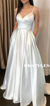 A-line V-neck Simple Long Satin Prom Dresses With Pockets, PD0633