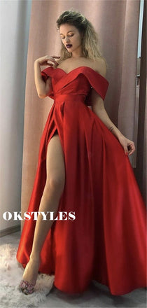 A-line Off-shoulder Long Red Satin Prom Dresses With Split, PD0634