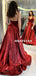 A-line V-neck Spaghetti Straps Backless Long Burgundy Prom Dresses, PD0636