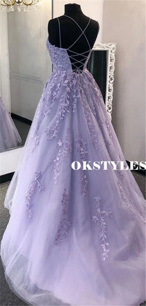 A-line Straps Appliques Lace-up Back Long Tulle Prom Dresses, PD0647