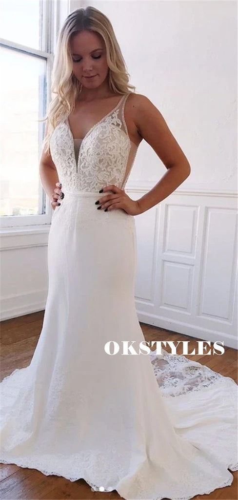 Mermaid SLeeveless V-neck Light Ivory Lace Prom Wedding Dresses, PD0650