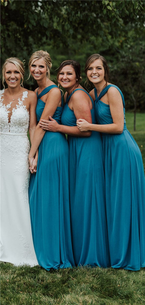 A-line Floor-length Sleeveless Long Blue Bridesmaid Dresses, BD0624