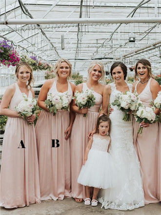 A-line One-shoulder V-neck Sleeveless Long Satin Bridesmaid Dresses, BD0627