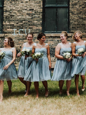 A-line Beteau Neck Appliques Short Chiffon Bridesmaid Dresses With Pleats, BD0629