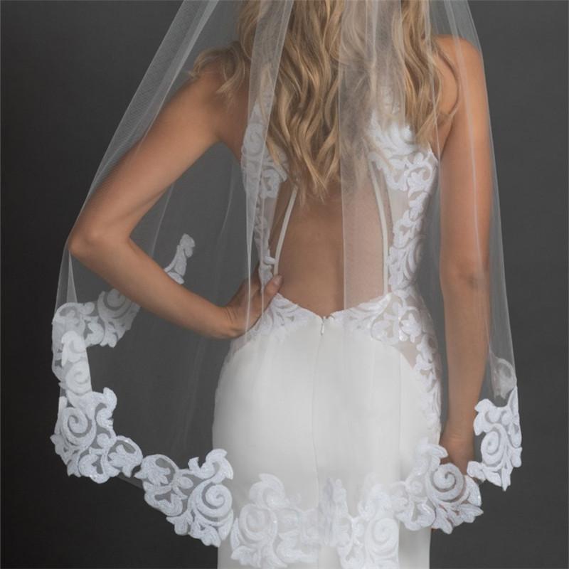 Stunning Tulle Short Wedding Veil With Lace Appliques, WV0100