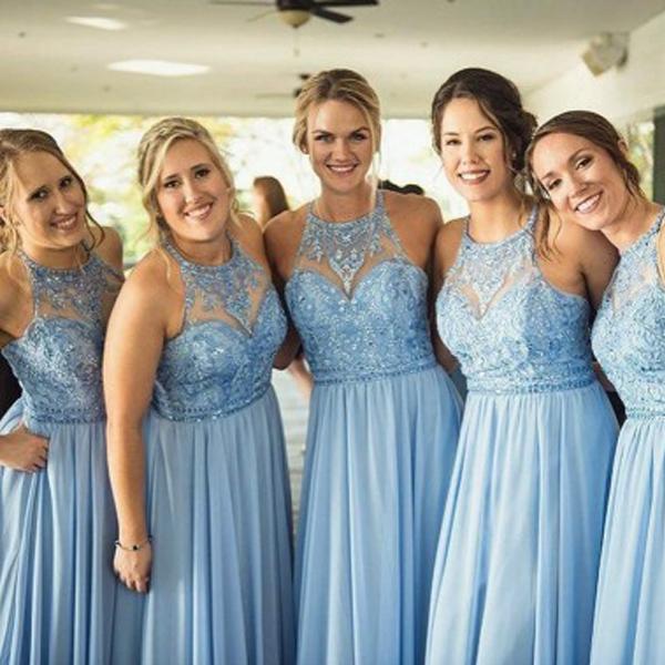 Charming Halter A Line Blue Cheap Long Wedding Bridesmaid Dresses, BGP292 - Bubble Gown