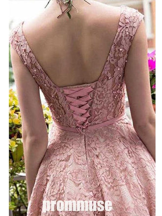 Elegant Dusty Pink Lace Sleeveless Short Homecoming Dresses, HCD004