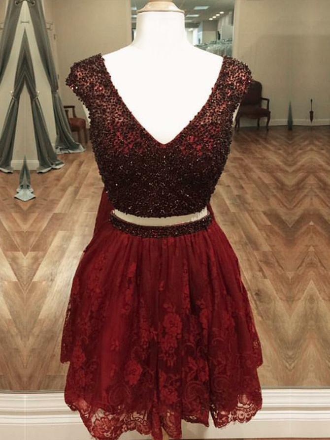 Two Pieces V-neck Beading Red lace Cap Sleeves Homecoming Dresses, HD0477